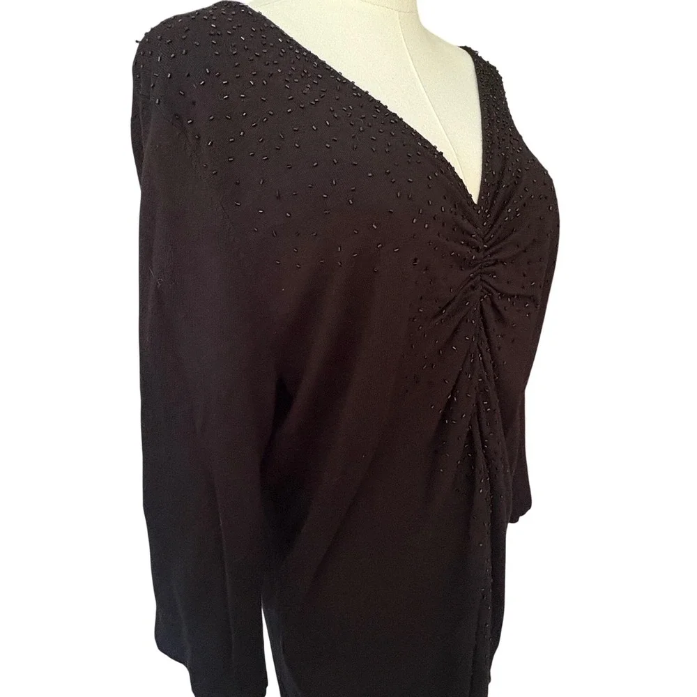 Apt 9 Woman Black Beaded Ruched V-Neck Knit Sweater Top Plus Size 1X Long Sleeve